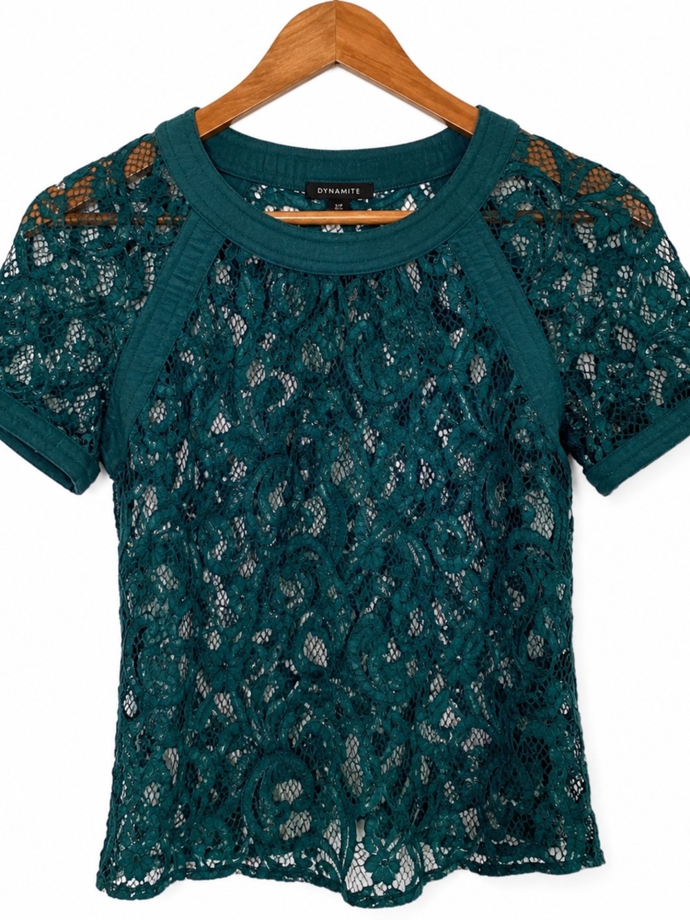 Dynamite Teal Lace Blouse Size S Sheer Short Sleeve Top - Picture 5 of 5
